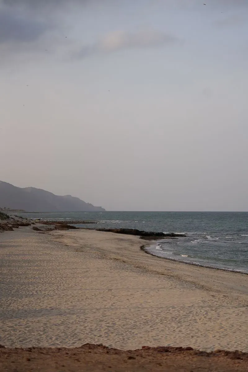 Serene beach view at Jebel Sifah, featuring soft sand and gentle waves under a cloudy sky.